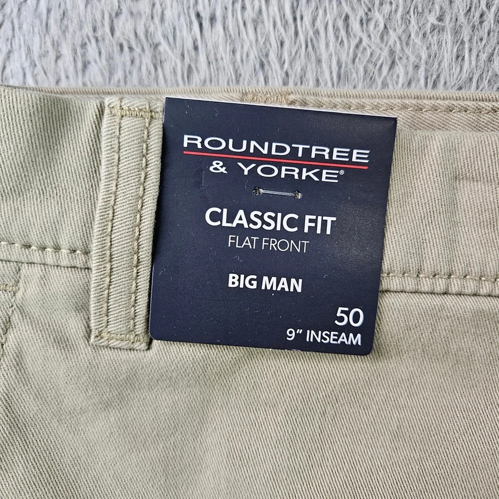 Roundtree & Yorke Mens Big Man Cloud Shorts Khaki Tan Flat Front‎ 50 x 9 NWT